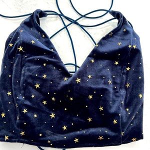 Blue velvet galaxy print crisscross back spaghetti strap crop top